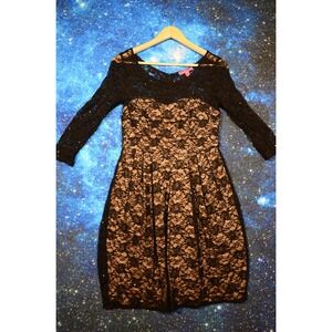 Betsey Johnson‎ Dress Womens 8 Black Lace Sequin Illusion 3/4 Sleeve Cocktail